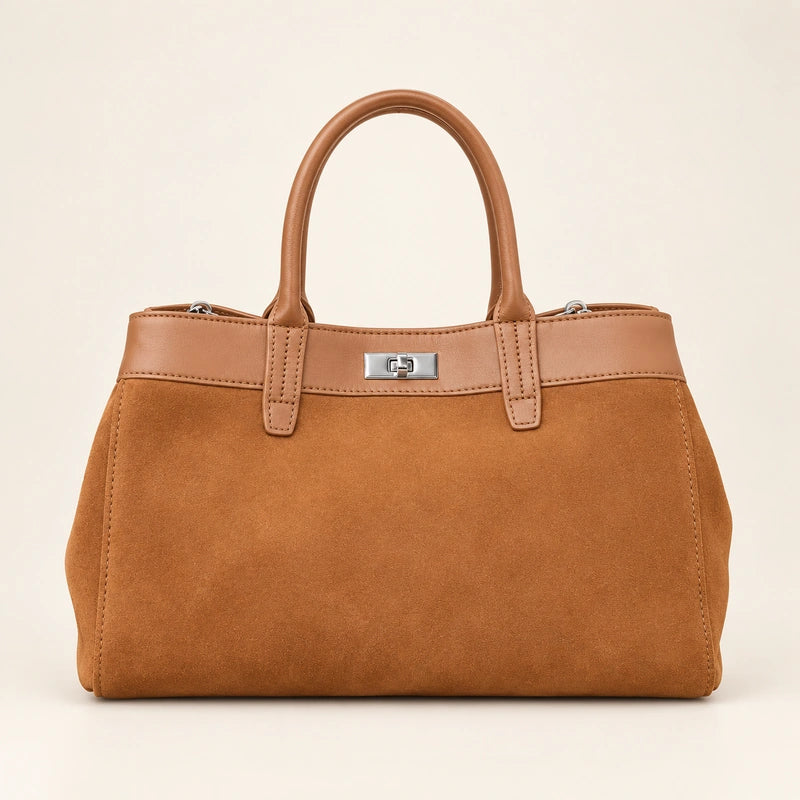 Sac cabas daim porté épaule femme bronze, vue de face