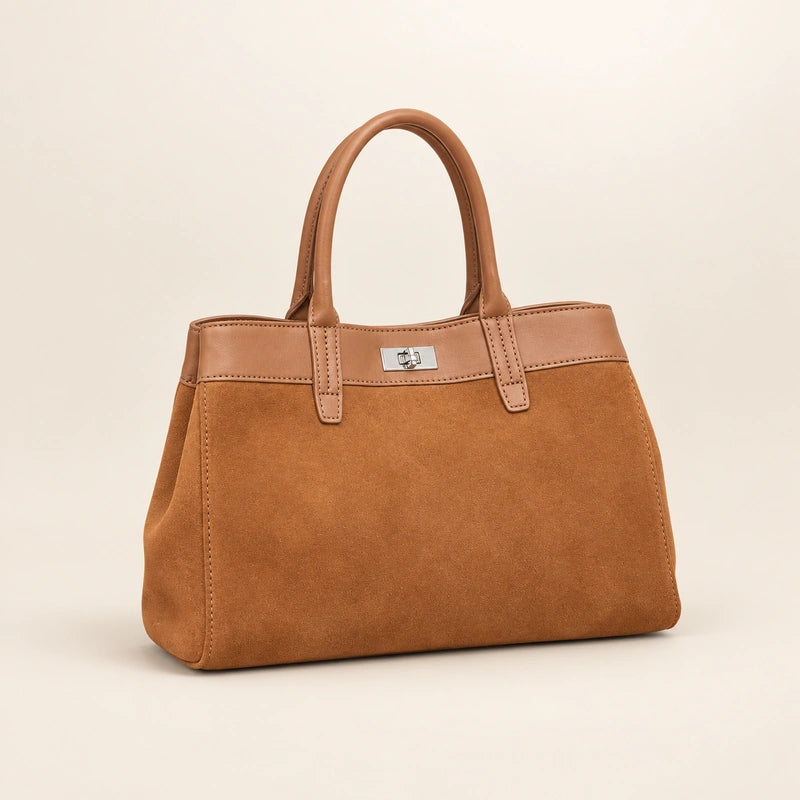 Sac cabas daim porté épaule femme bronze, vue trois quarts