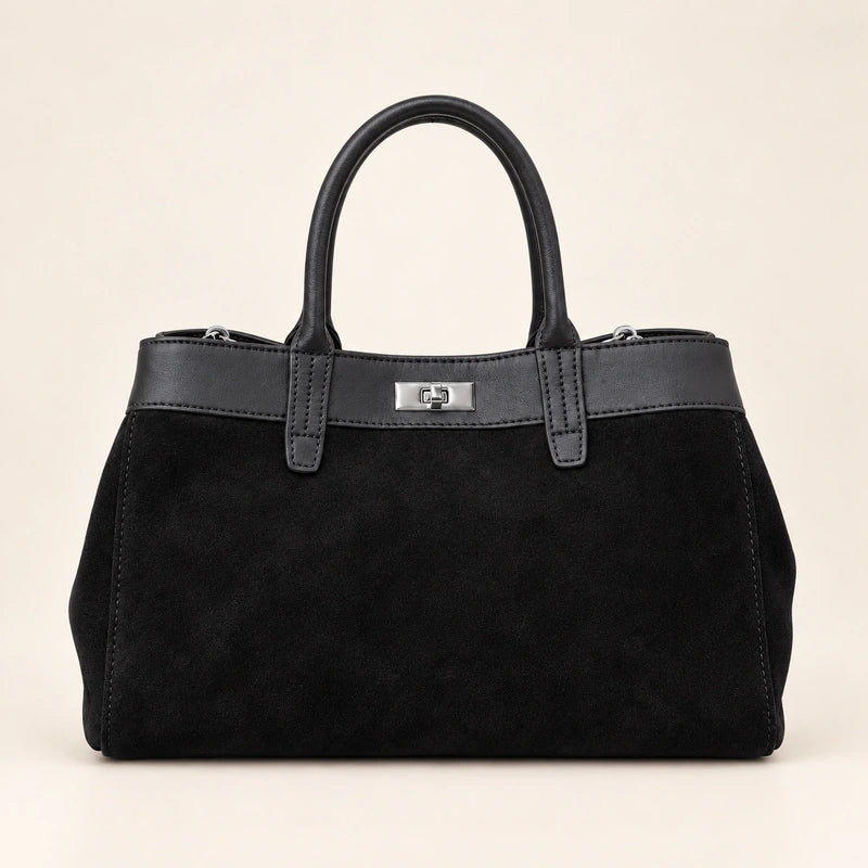 Sac cabas daim porté épaule femme noir, vue de face