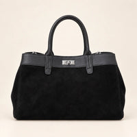 Sac cabas daim porté épaule femme noir, vue de face