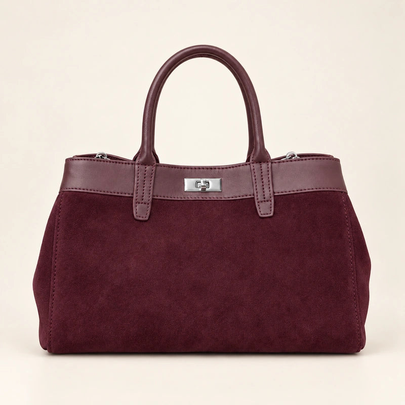 Sac cabas daim porté épaule femme bordeaux, vue de face