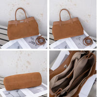 Sac cabas daim porté épaule femme marron, vues de face, de dos, du fond et de l’intérieur
