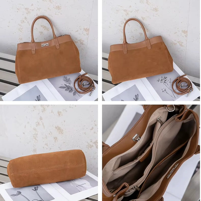 Sac cabas daim porté épaule femme marron, vues de face, de dos, du fond et de l’intérieur