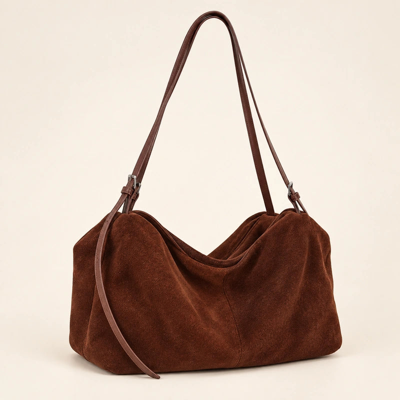 Sac cabas daim souple femme café, vue trois quarts
