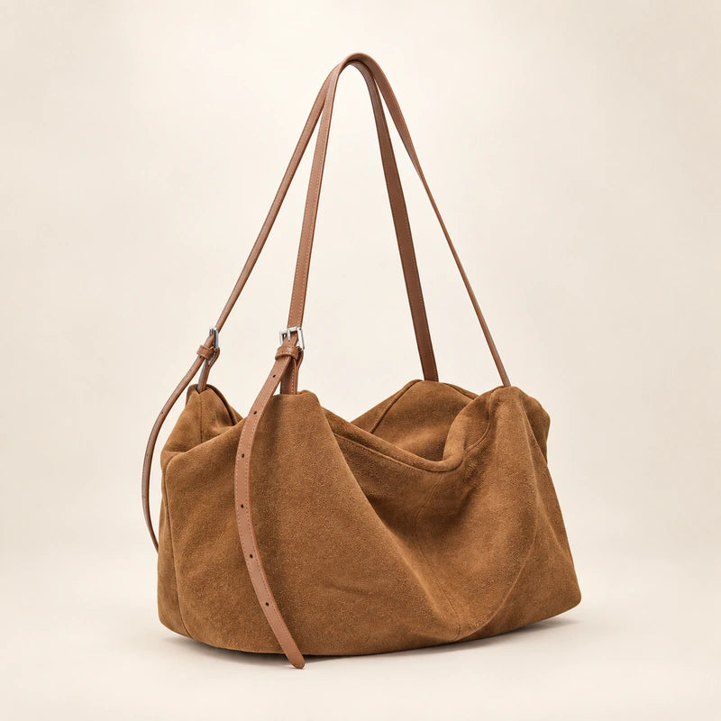Sac cabas daim souple femme marron, vue trois quarts