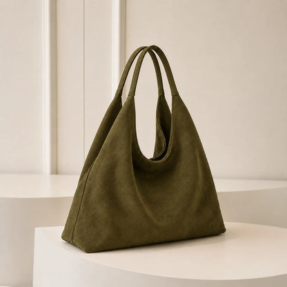 Grand sac cabas vintage daim vert — vue de face sur fond blanc