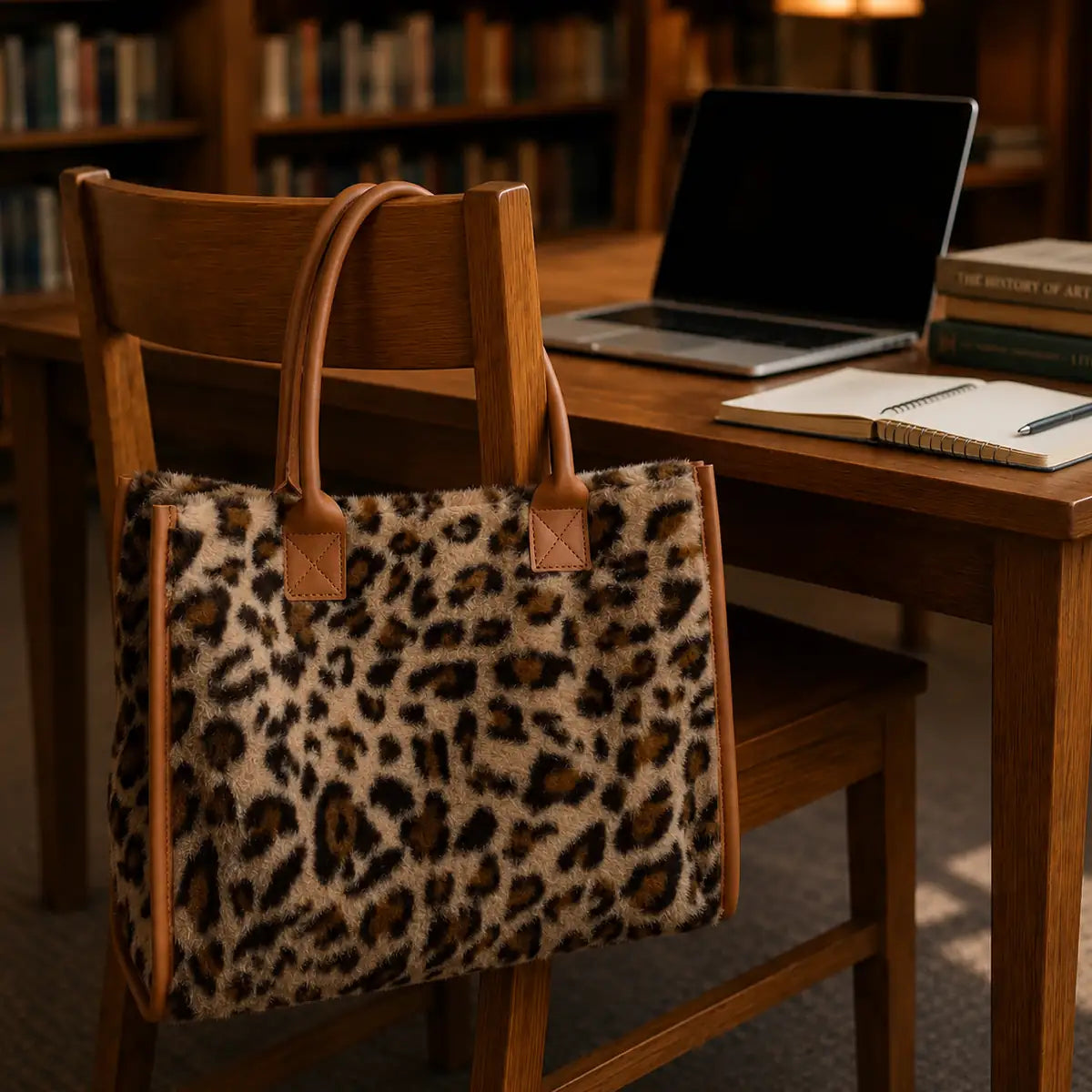 Sac cabas imprimé léopard anse simple - ambiance bibliothèque