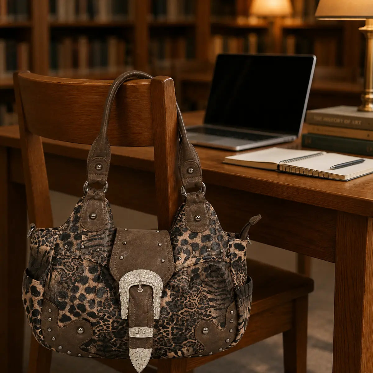 Sac cabas imprimé léopard rétro multipoche en ambiance bibliothèque