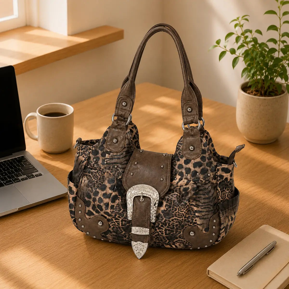 Sac cabas imprimé léopard rétro multipoche posé sur un bureau