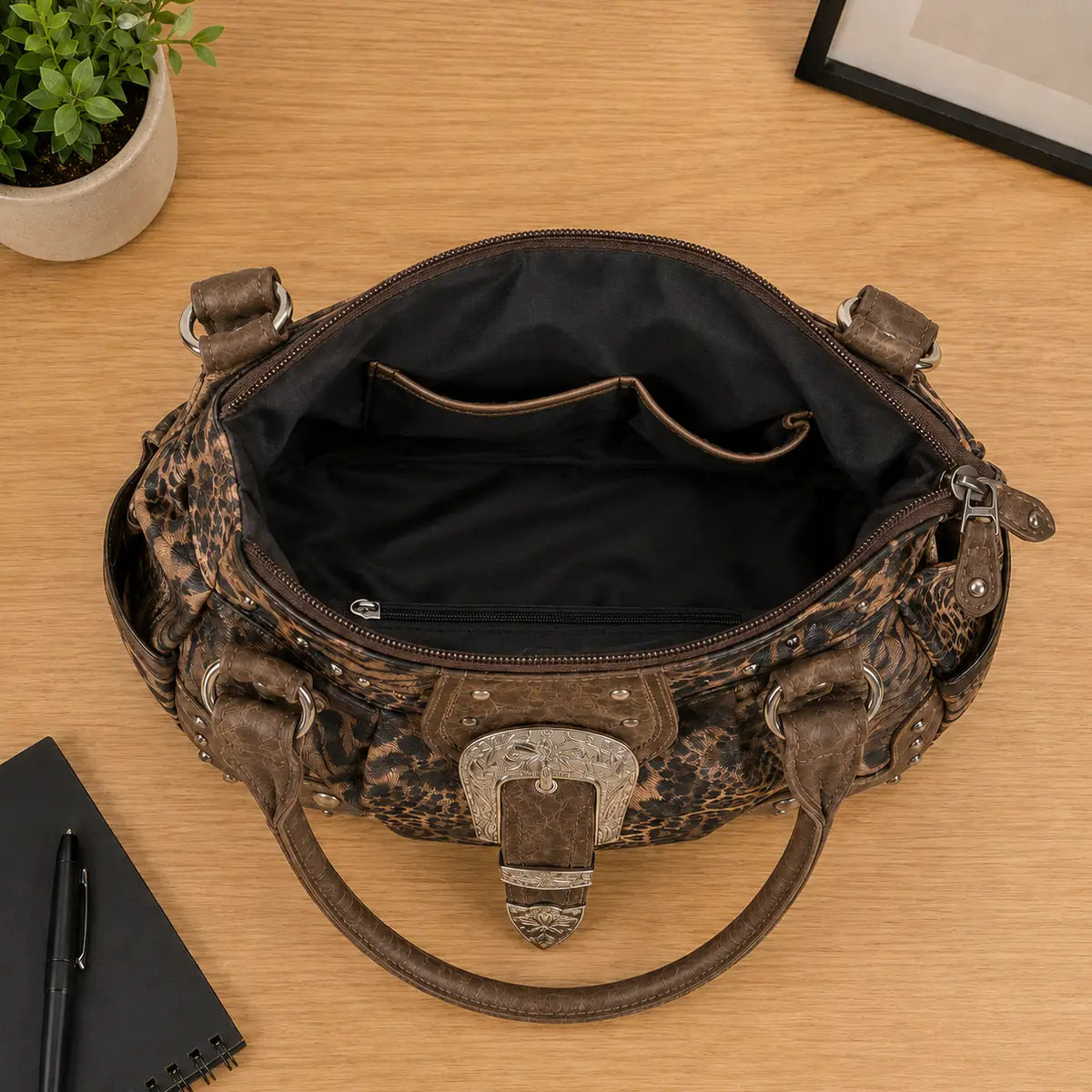 Guide des tailles du sac cabas imprimé léopard rétro multipoche