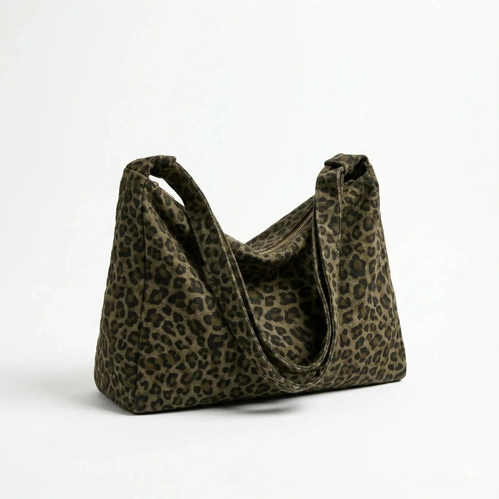 Sac cabas léopard kaki — vue de face sur fond blanc