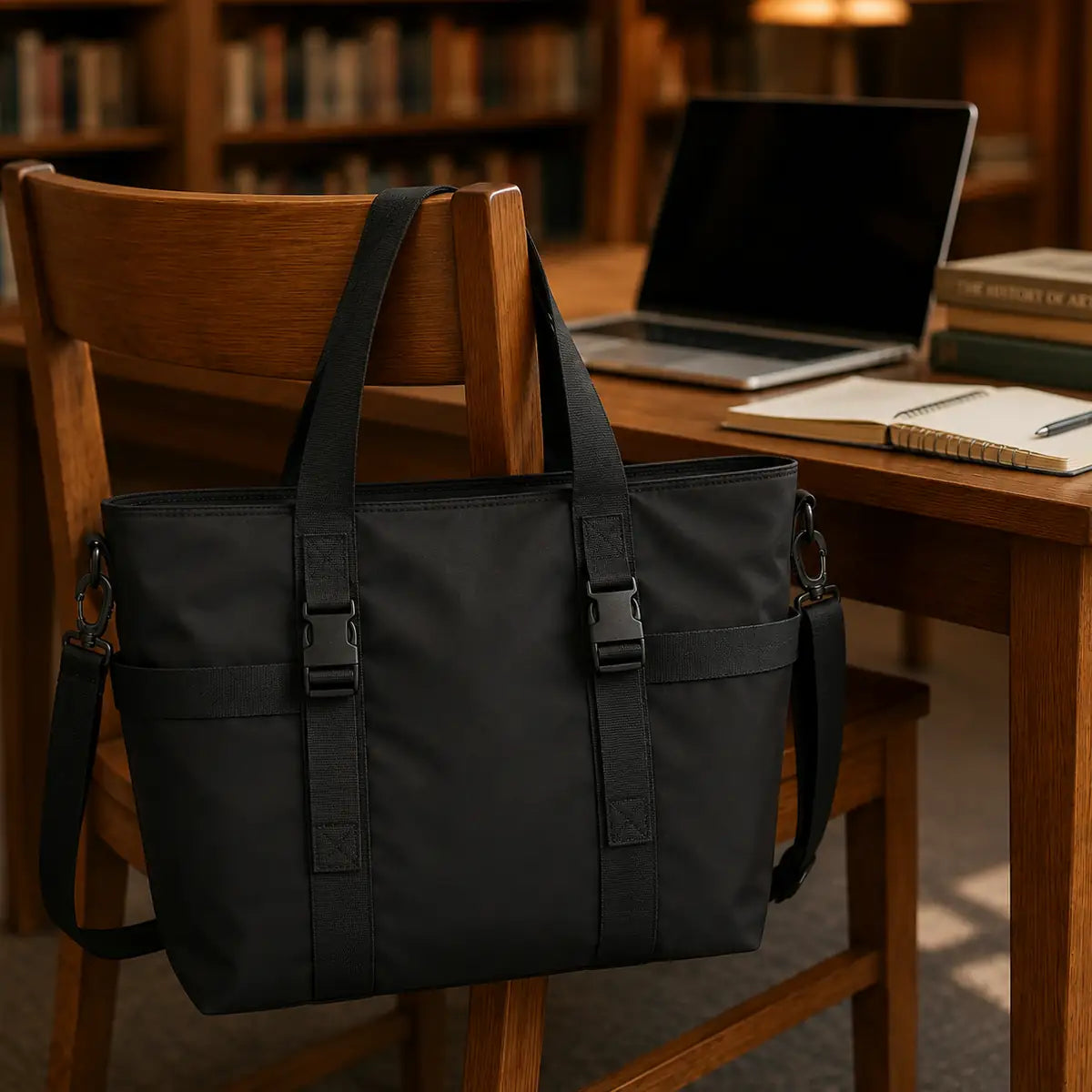 Sac cabas nylon imperméable noir suspendu au dossier d'une chaise en bibliothèque