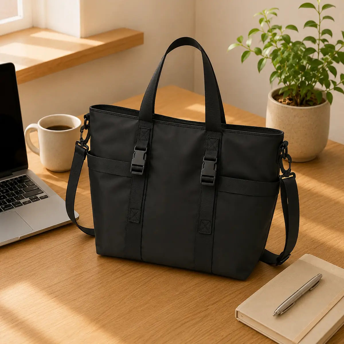 Sac cabas nylon imperméable noir posé sur un bureau avec ordinateur portable