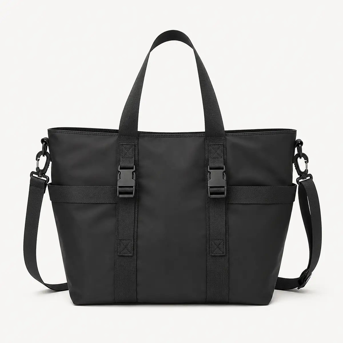 Sac cabas nylon imperméable noir avec compartiment ordinateur, vue de face