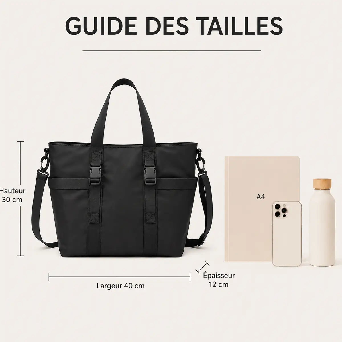 Guide des tailles du sac cabas nylon imperméable ordinateur, dimensions 43 x 31 x 11 cm
