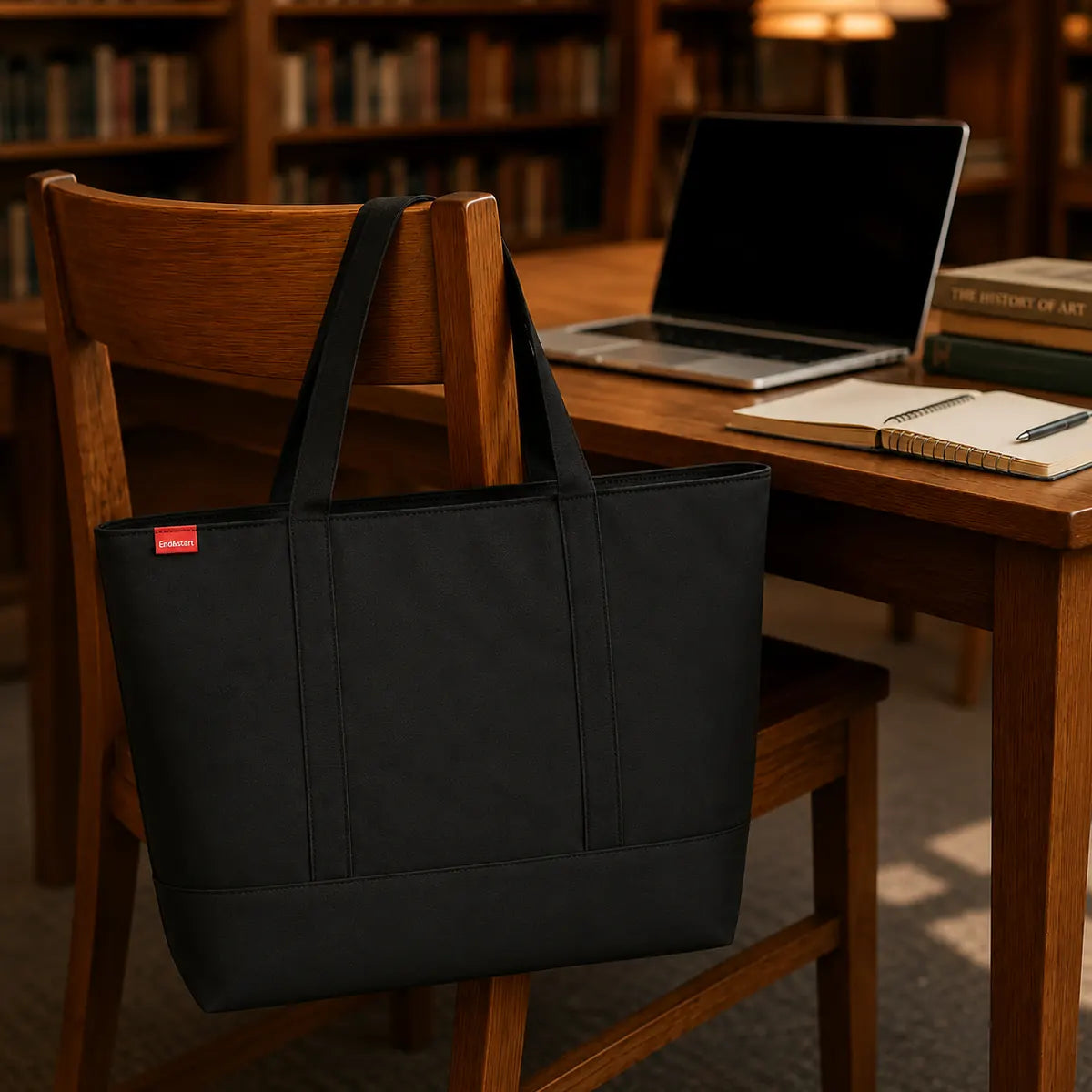 Sac cabas oxford grand format noir suspendu au dossier d'une chaise en bibliothèque