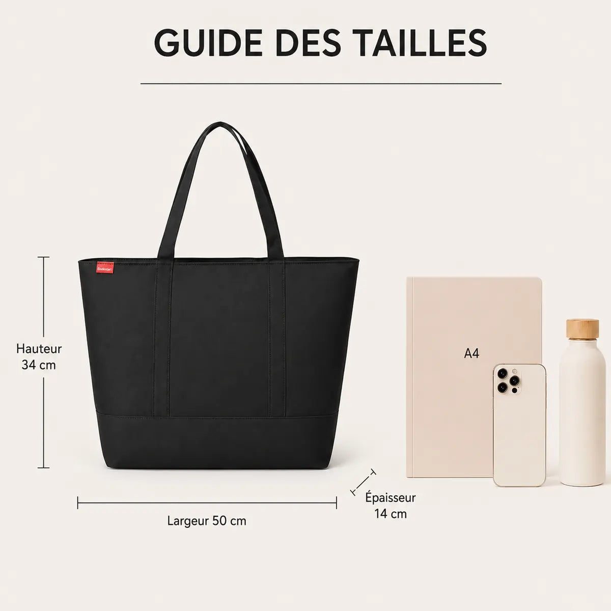 Guide des tailles du sac cabas oxford grand format, dimensions 50 x 34 x 14 cm