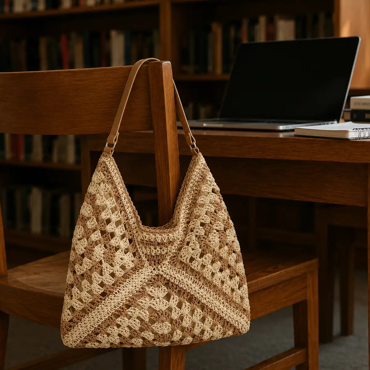 sac cabas paille ajouré accroché à une chaise de bibliothèque