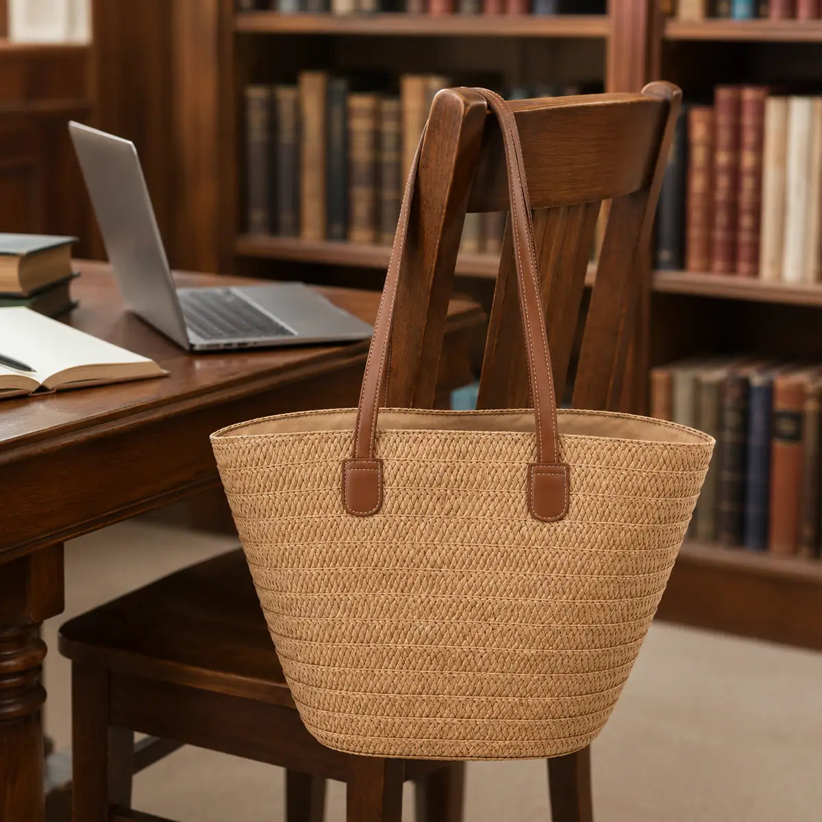 sac cabas panier en paille accroché à une chaise de bibliothèque