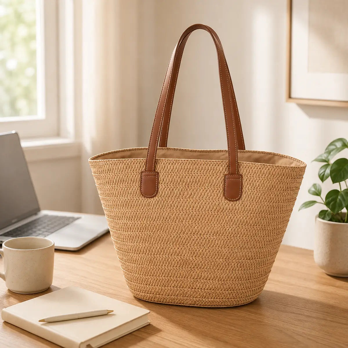 sac cabas panier en paille posé sur un bureau