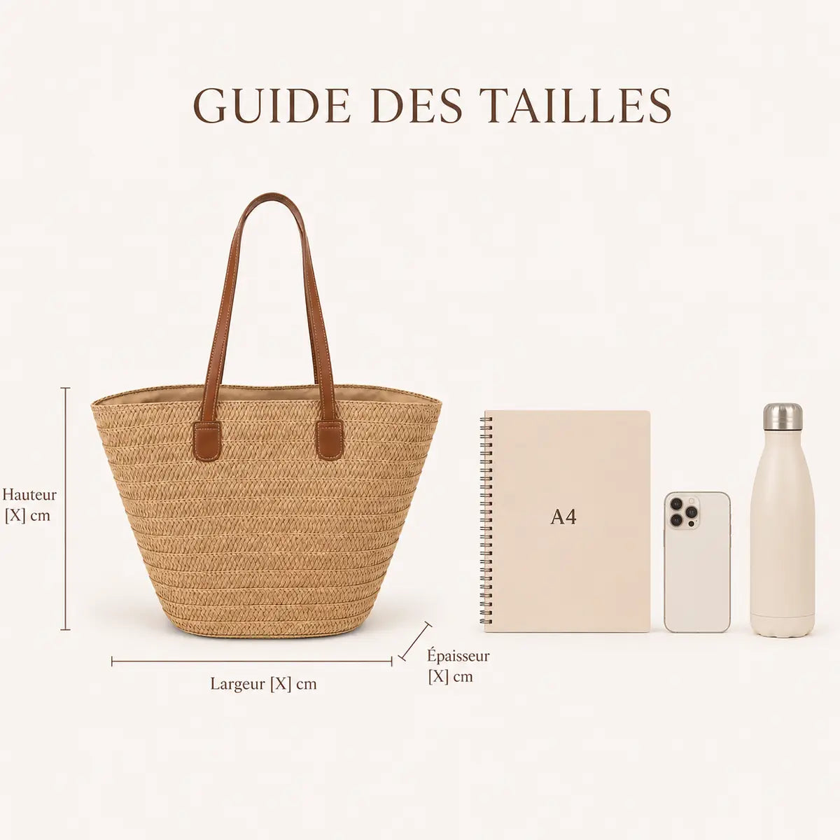 sac cabas panier en paille comparé à la taille d'un iphone, d'une gourde et d'un cahier