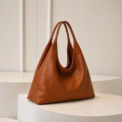 Grand sac cabas vintage PU marron — vue de face sur fond blanc