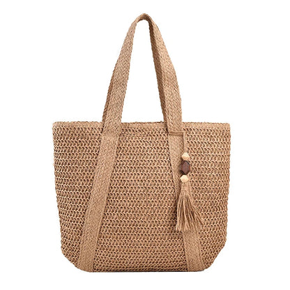 Sac cabas tressé en paille kaki — vue de face sur fond blanc