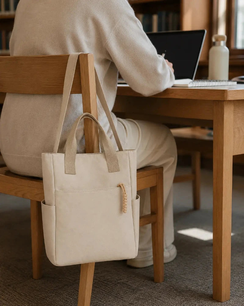 sac accroché à une chaise de bibliothèque