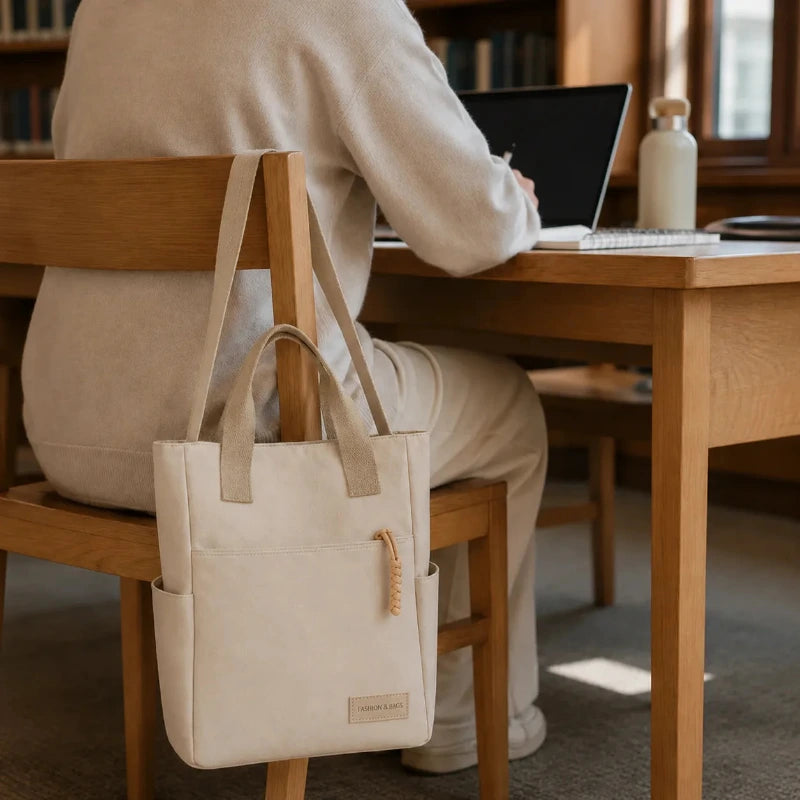 Sac cabas étanche en toile — accroché à une chaise de bibliothèque