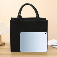 Sac cabas en toile noir grand format — comparaison taille avec iPad