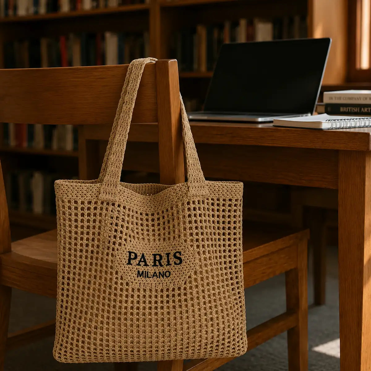 sac cabas tressé paris accroché à une chaise de bibliothèque