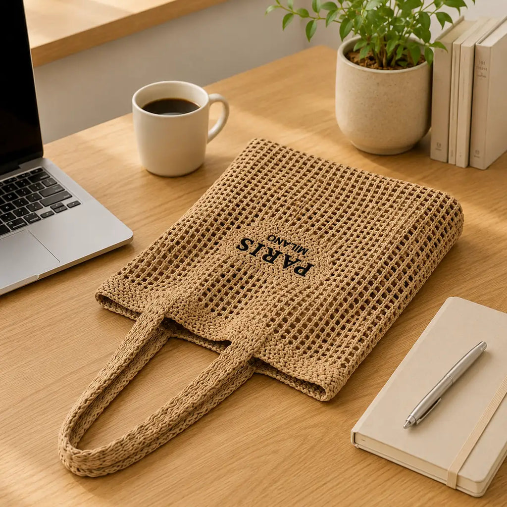 sac cabas tressé paris posé sur un bureau