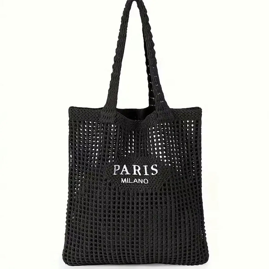 sac cabas tressé paris noir sur fond blanc