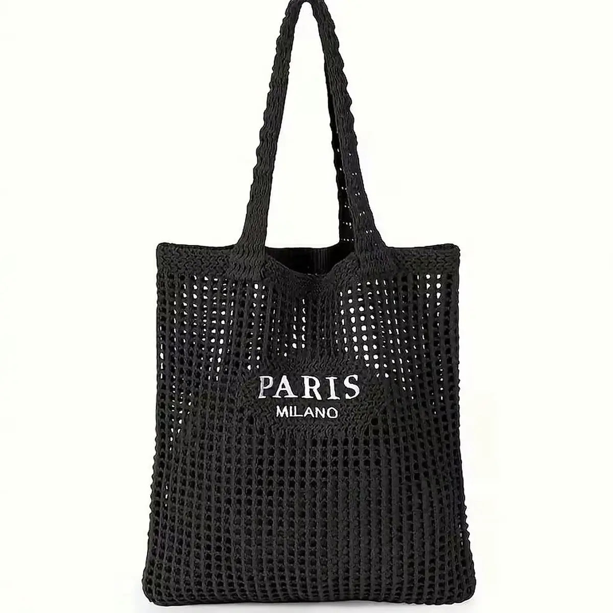sac cabas tressé paris noir sur fond blanc