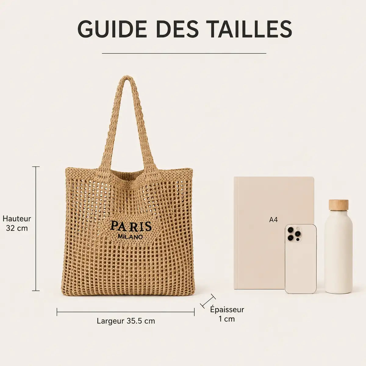 sac cabas tressé paris comparé à la taille d'un iphone, cahier et gourde