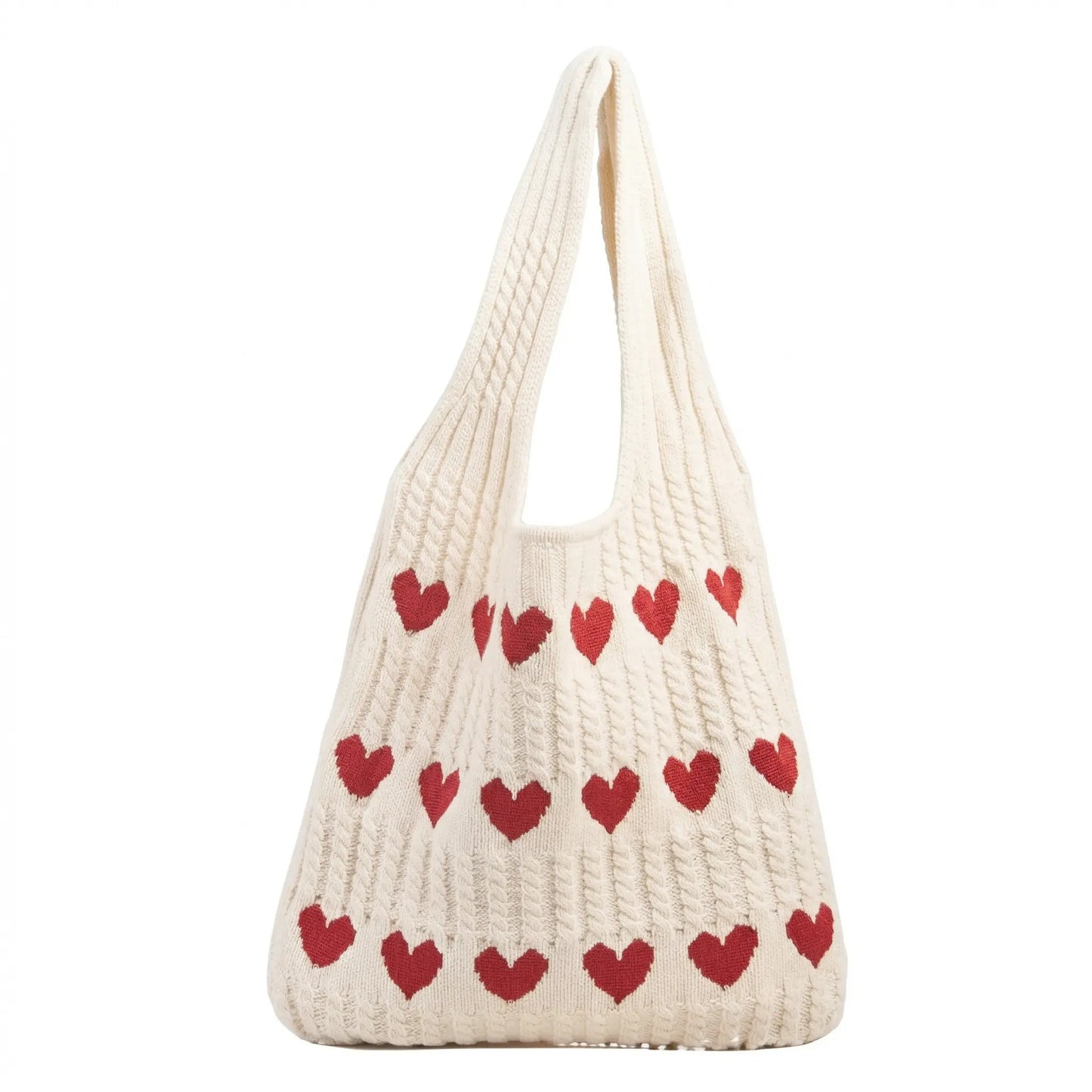 Sac cabas cœur en tricot blanc — vue de face sur fond blanc