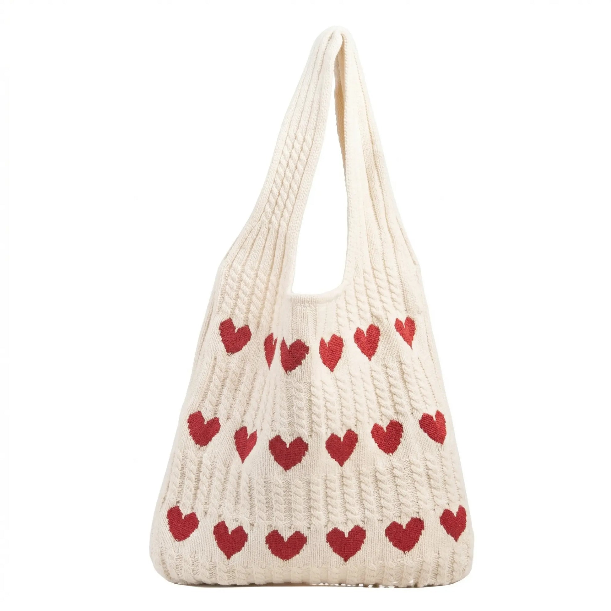 Sac cabas cœur en tricot blanc — vue de face sur fond blanc