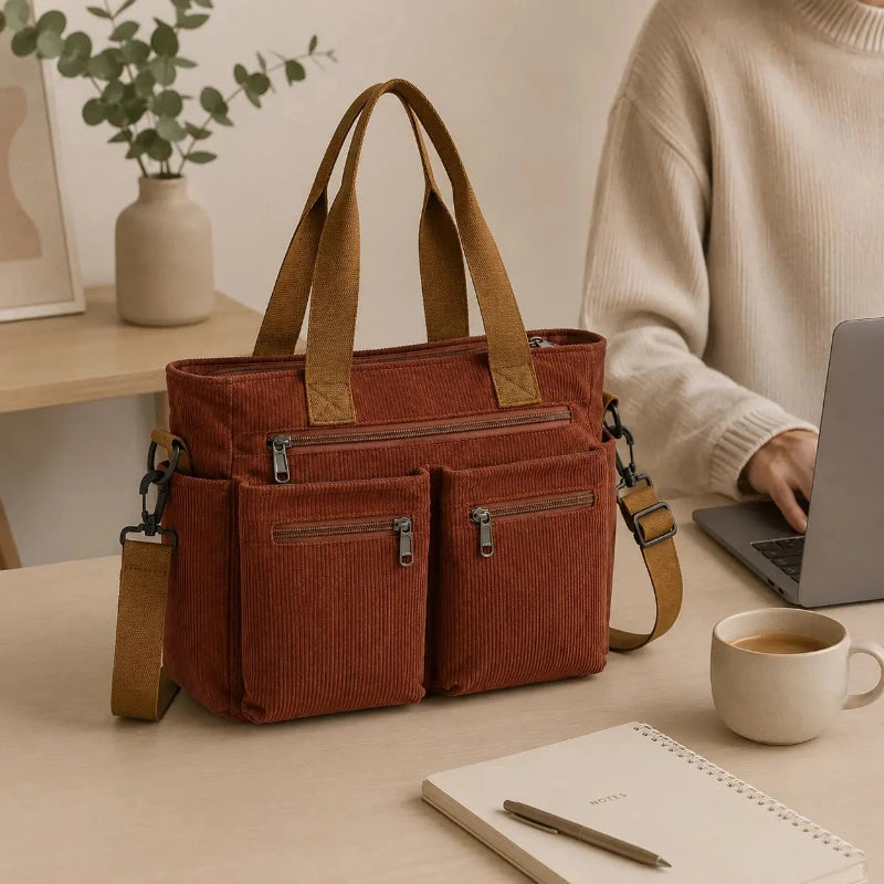 Sac cabas en velours large marron — vue de face sur bureau