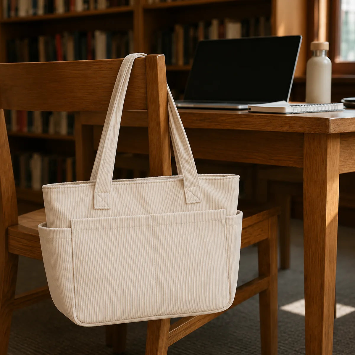 sac cabas velour cotele raye accroché sur une chaise de bibliotheque