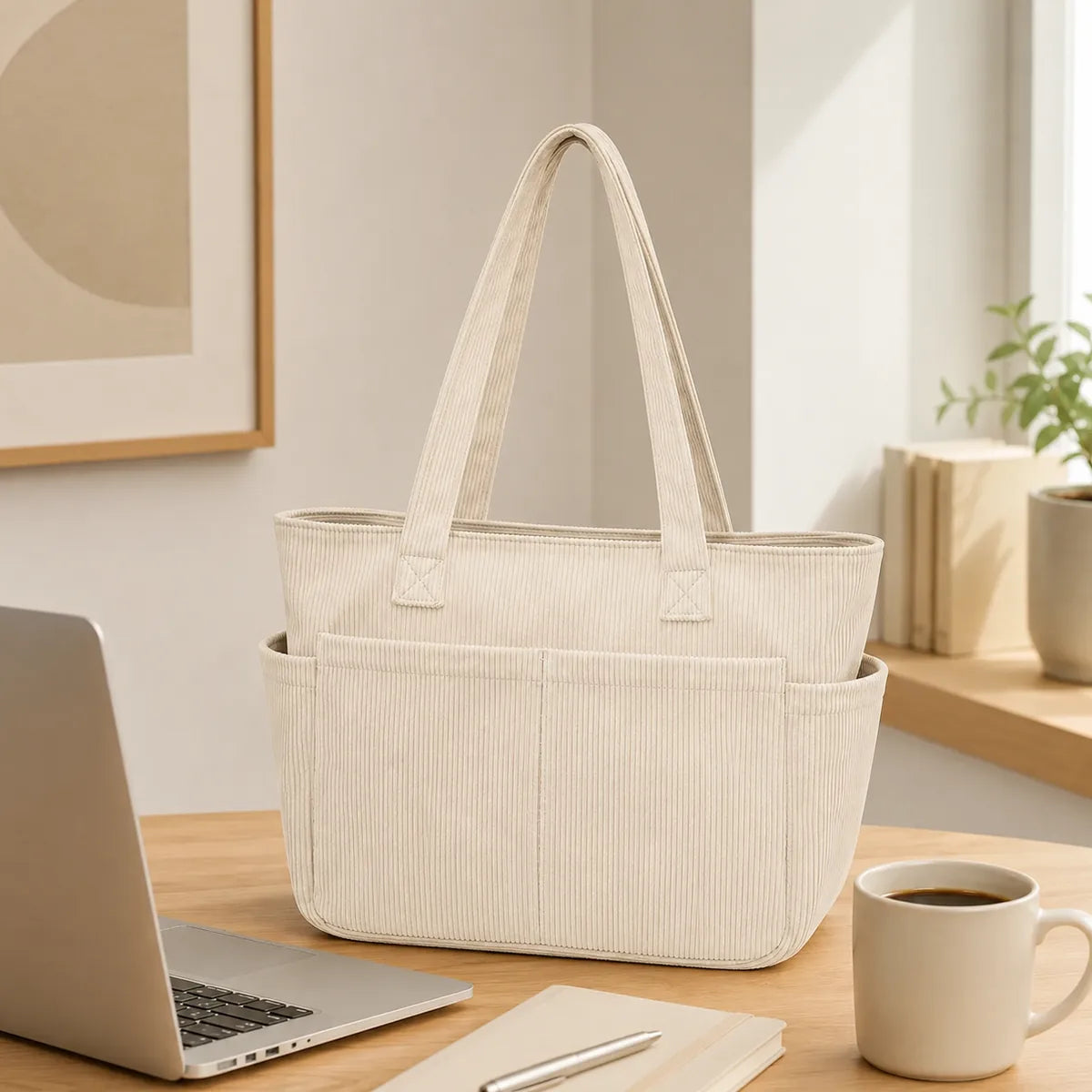 sac cabas velours cotele raye sur un bureau