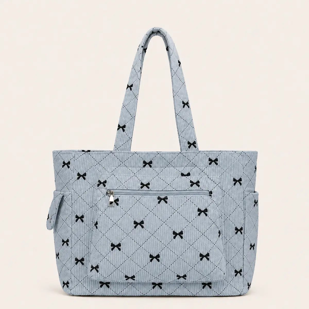 sac cabas velours noeud bleu sur fond blanc