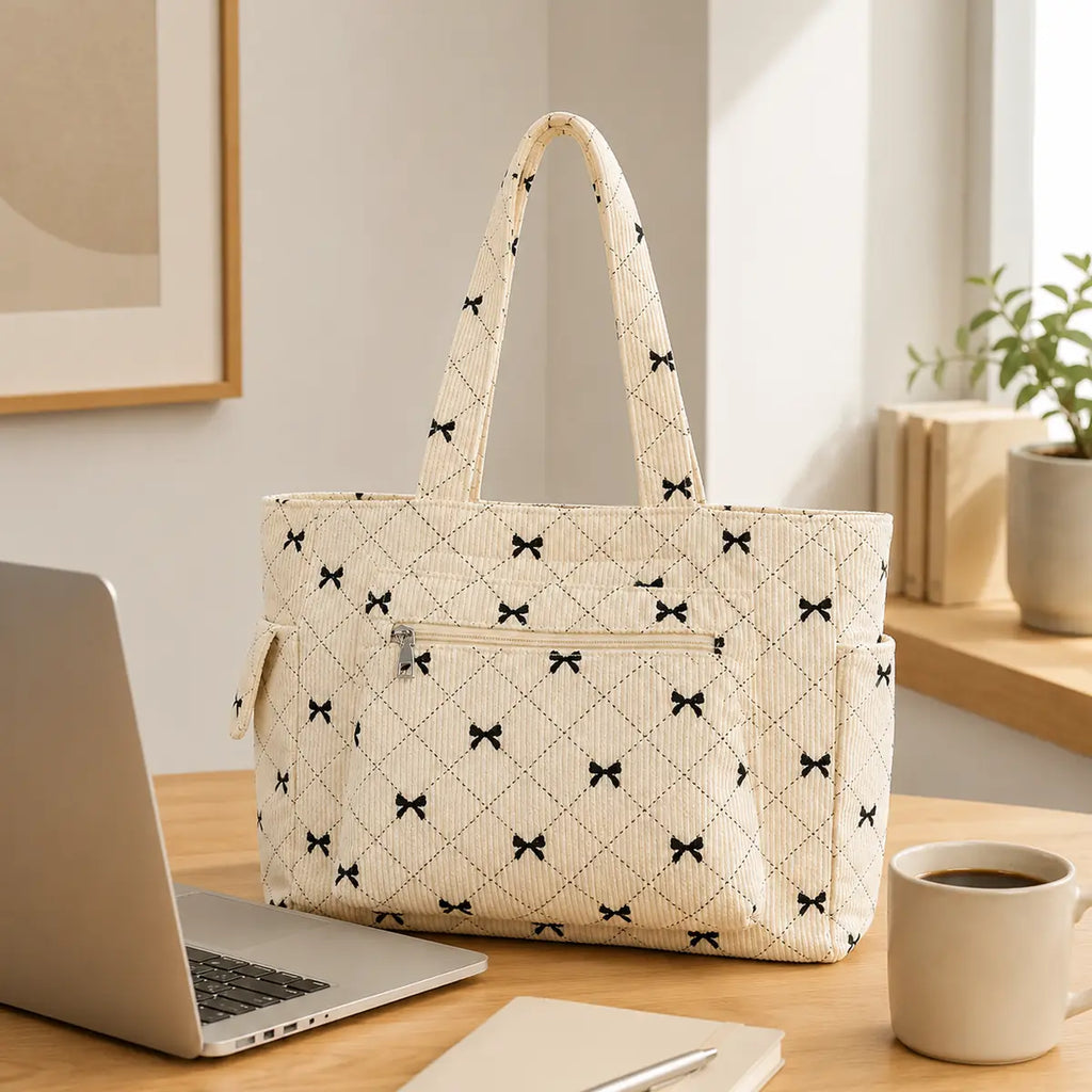 sac cabas velours noeud sur un bureau
