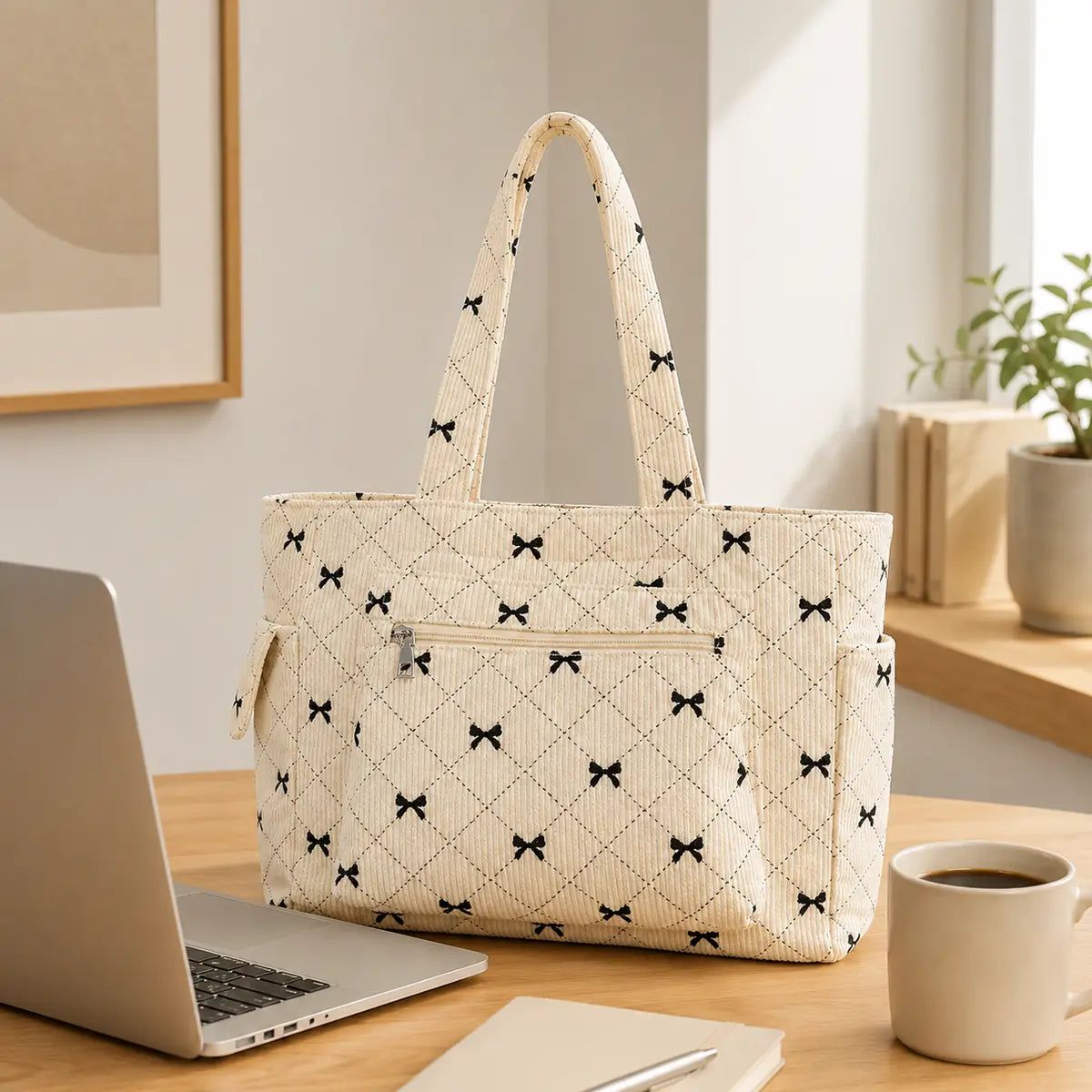 sac cabas velours noeud sur un bureau