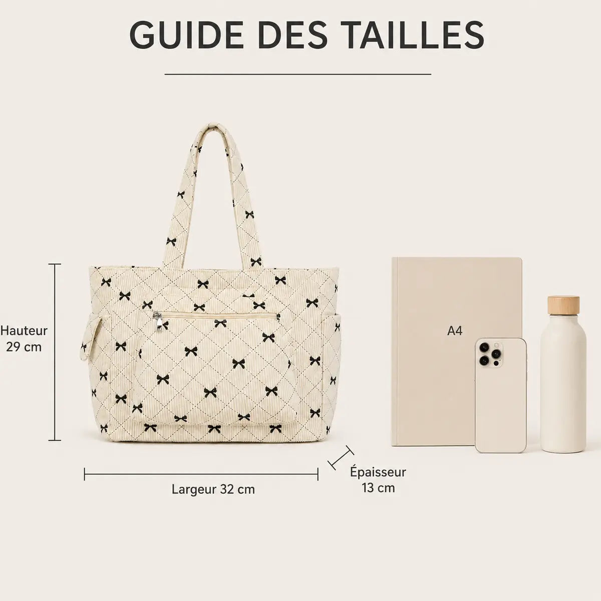 sac cabas velours noeud en comparaison avec la taille d'un cahier, d'un iphone et d'une gourde