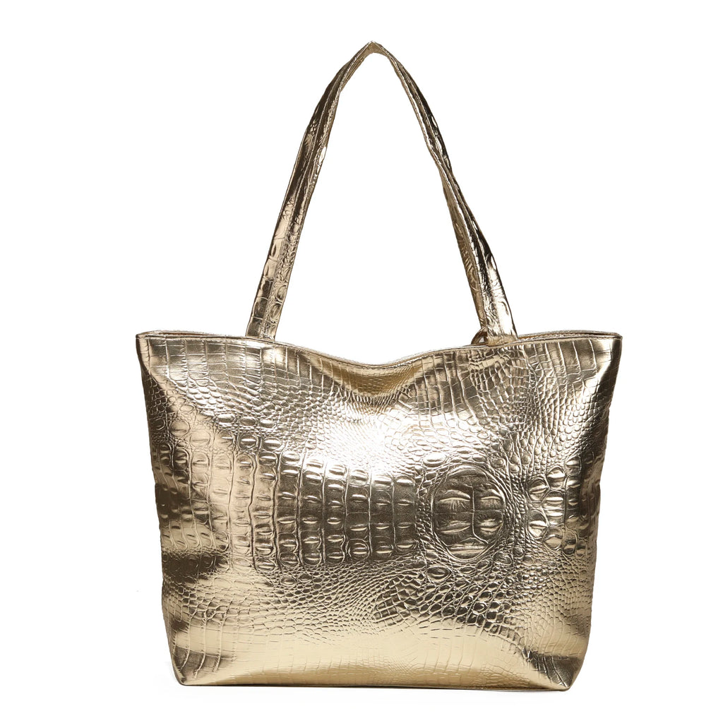 Sac cabas brillant crocodile doré — vue de face sur fond blanc
