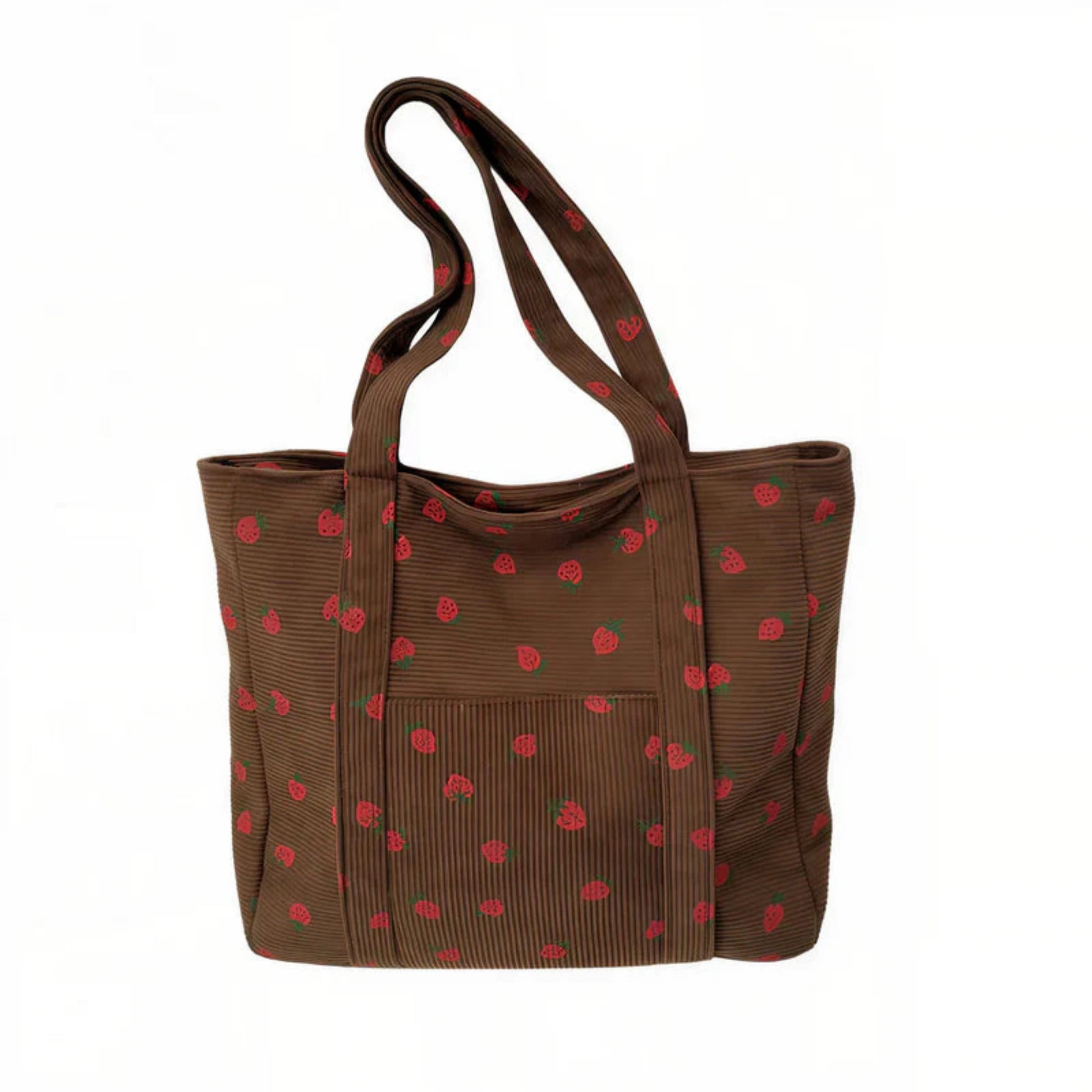 Sac cabas velours motif fraise brun — vue de face sur fond blanc