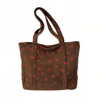 Sac cabas velours motif fraise brun — vue de face sur fond blanc