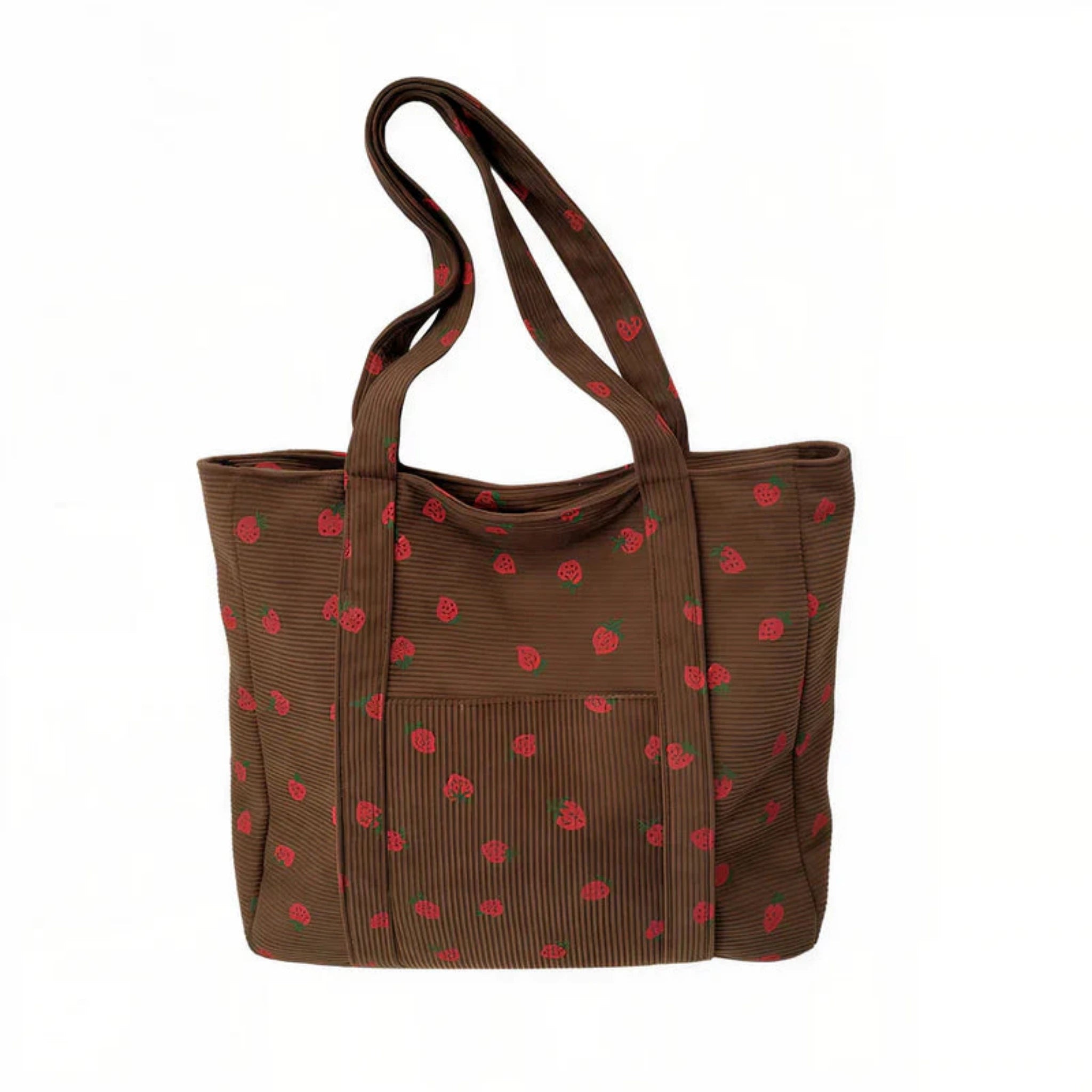 Sac cabas velours motif fraise brun — vue de face sur fond blanc
