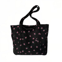 Sac cabas velours motif fraise noir — vue de face sur fond blanc