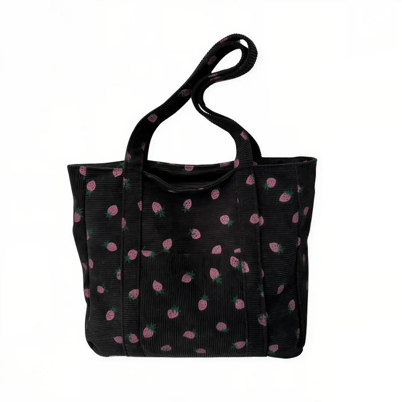 Sac cabas velours motif fraise noir — vue de face sur fond blanc